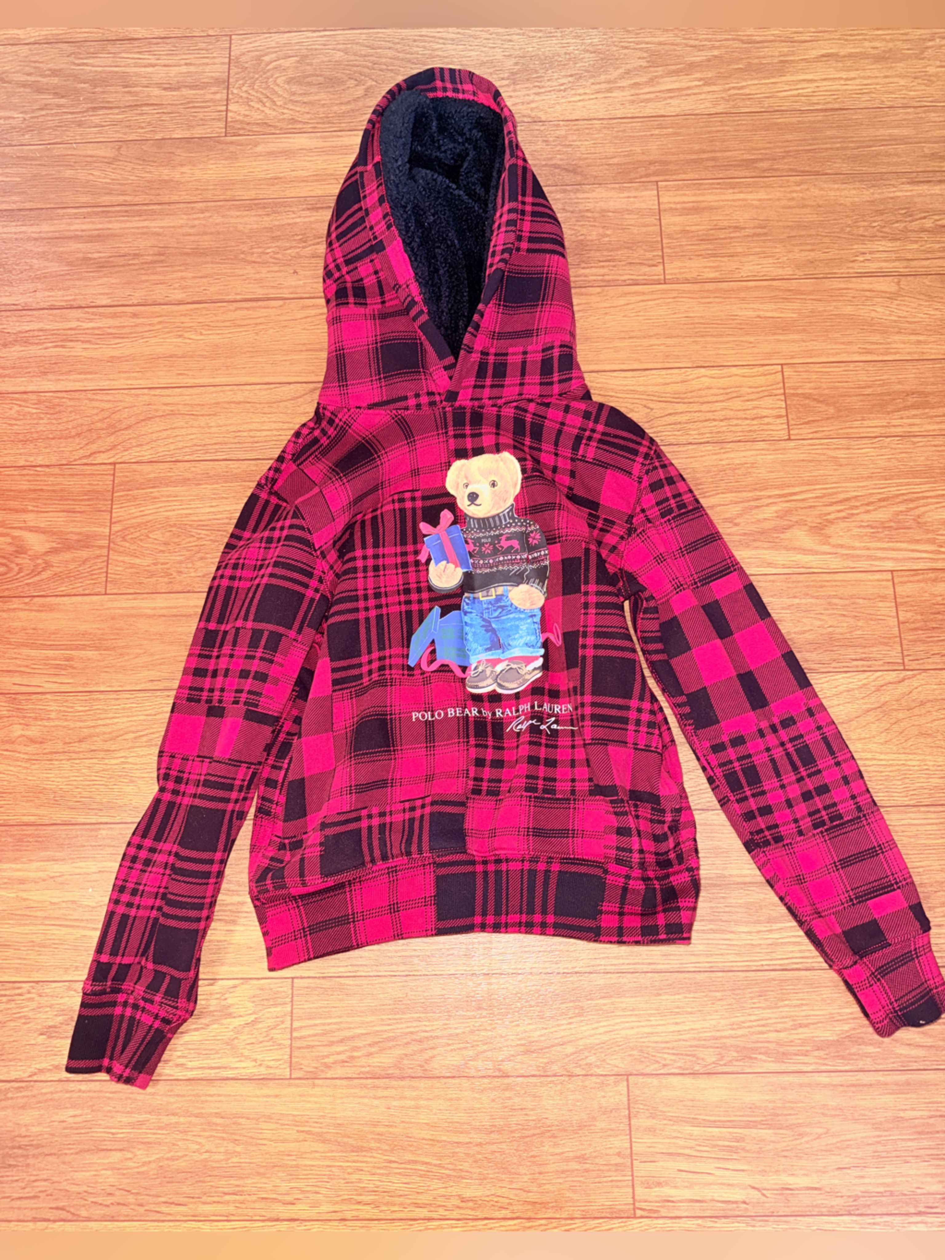 Polo Ralph Lauren Polo Bear Red & Black Checkered Hoodie Pull Over Size 10-12